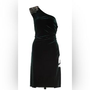 DAVID MEISTER one-shoulder sheath dress in emerald velvet with sequin detail